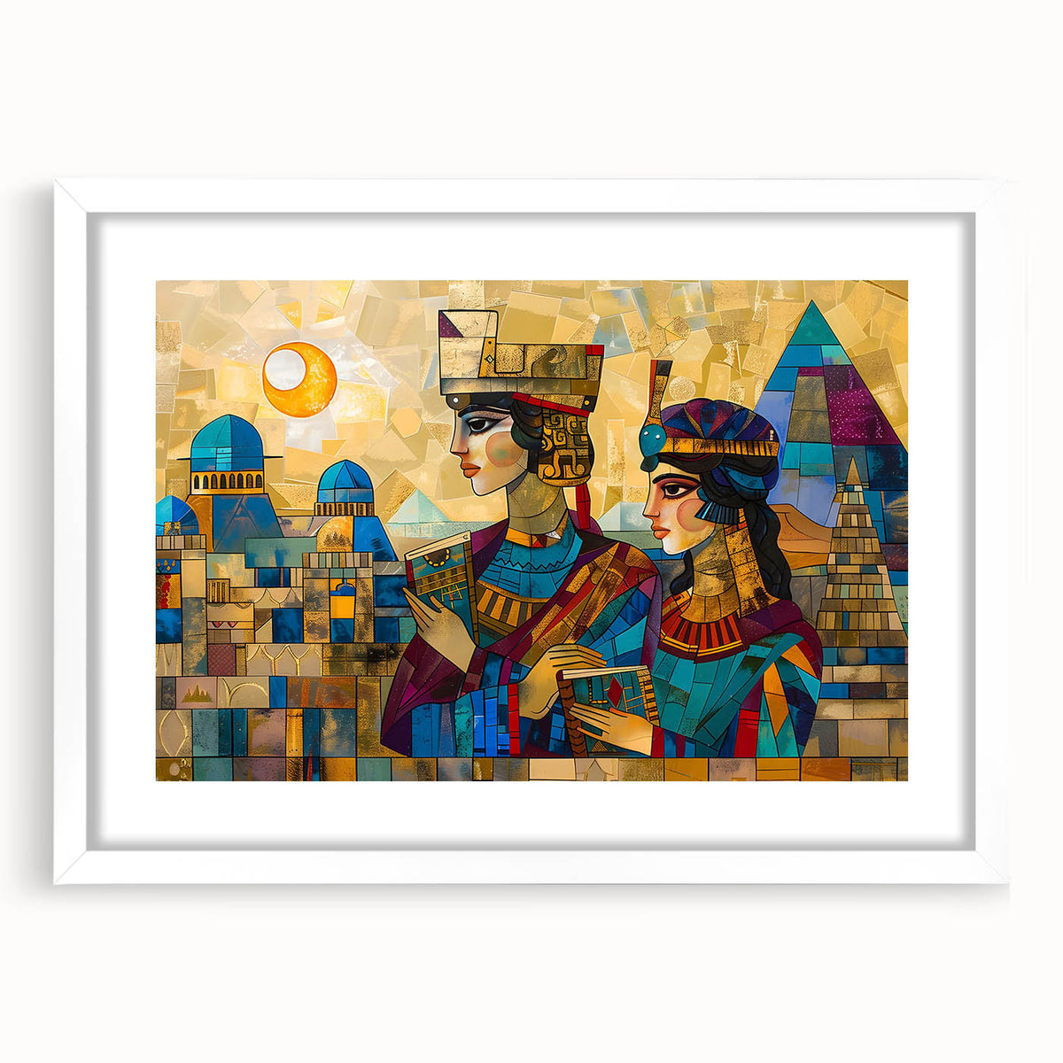 Abstract art print of a Middle Eastern landscape in muted earth tones, framed with a white mat.