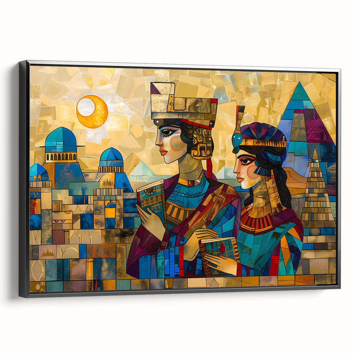 Black and white landscape art painting of a Middle Eastern scenery on framed canvas, ideal for bedroom decor.