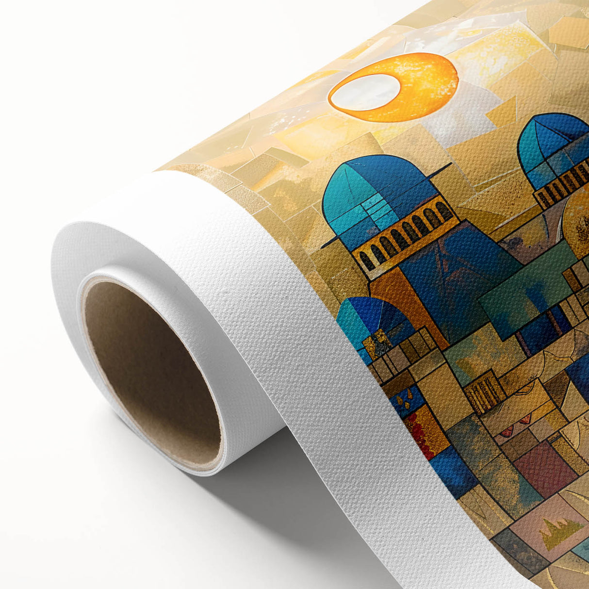 Art deco poster of a Middle Eastern scenery on rolled canvas, featuring muted earth tones, ideal for nursery wall art.
