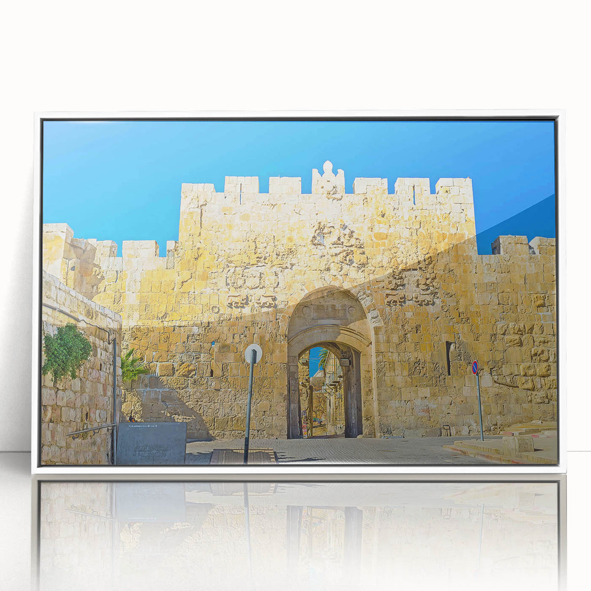 Acrylic print of Jerusalem scenery in muted earth tones, framed in white, suitable for modern art wall decor.
