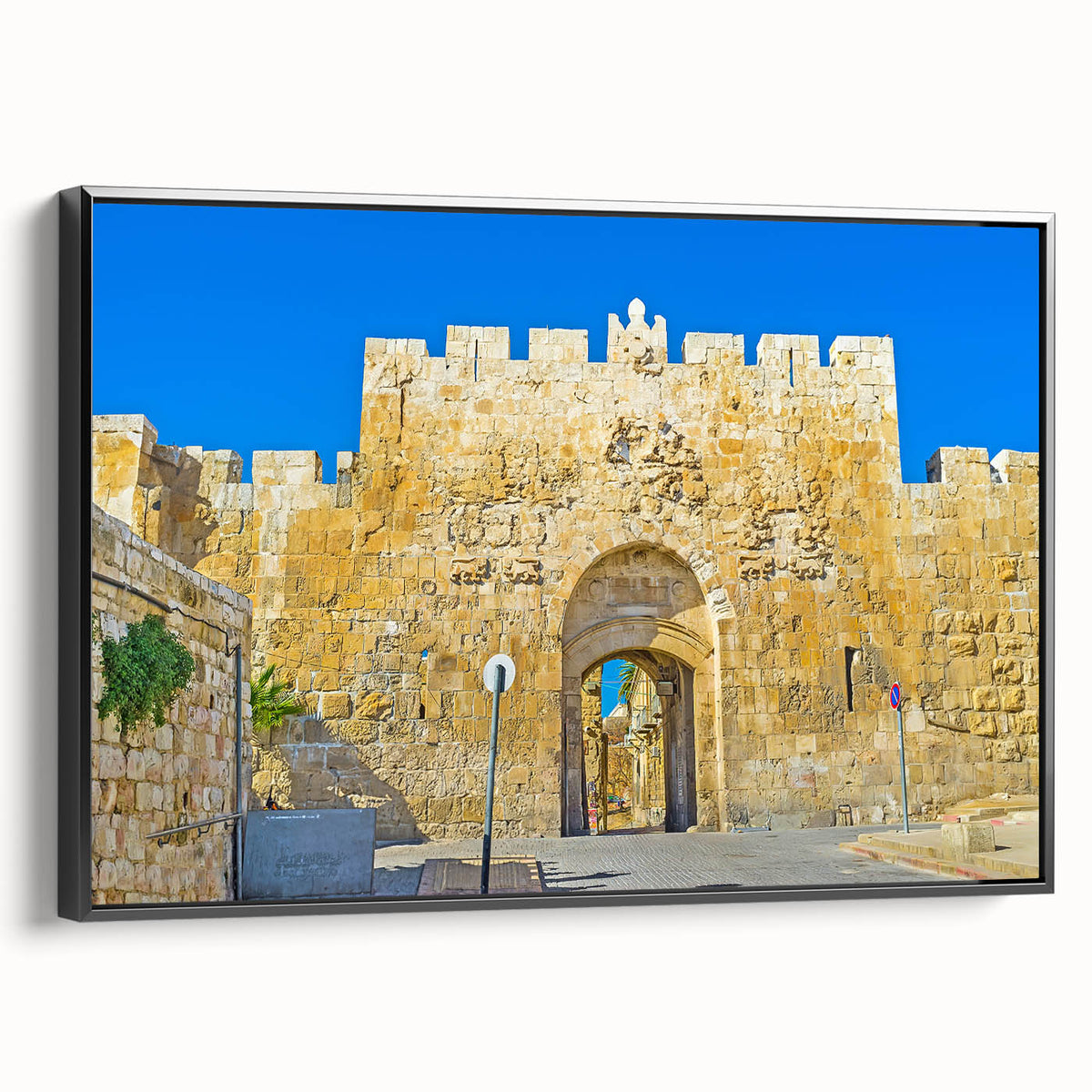 Black and white framed canvas of Jerusalem landscape, vintage poster style, ideal for bedroom decor.