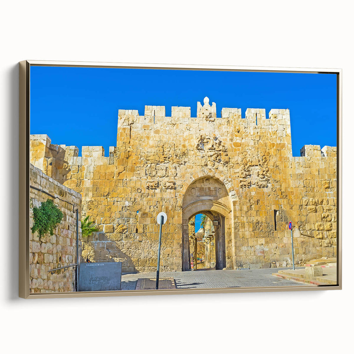 Framed canvas of Jerusalem landscape in muted gold and black tones, ideal for bedroom wall art.