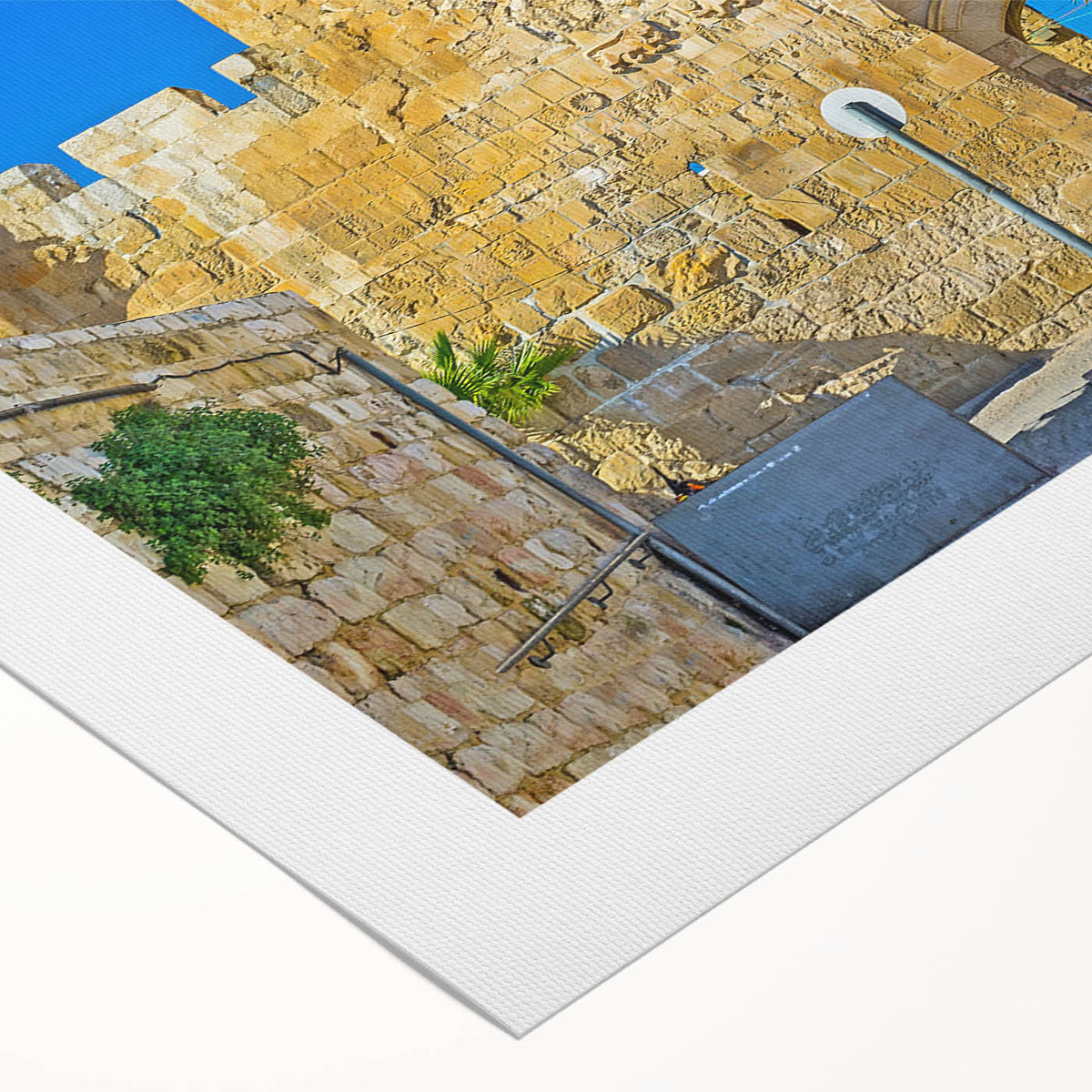 Art deco poster of Jerusalem skyline in muted gold and brown tones on rolled canvas, suitable for dining room wall art.