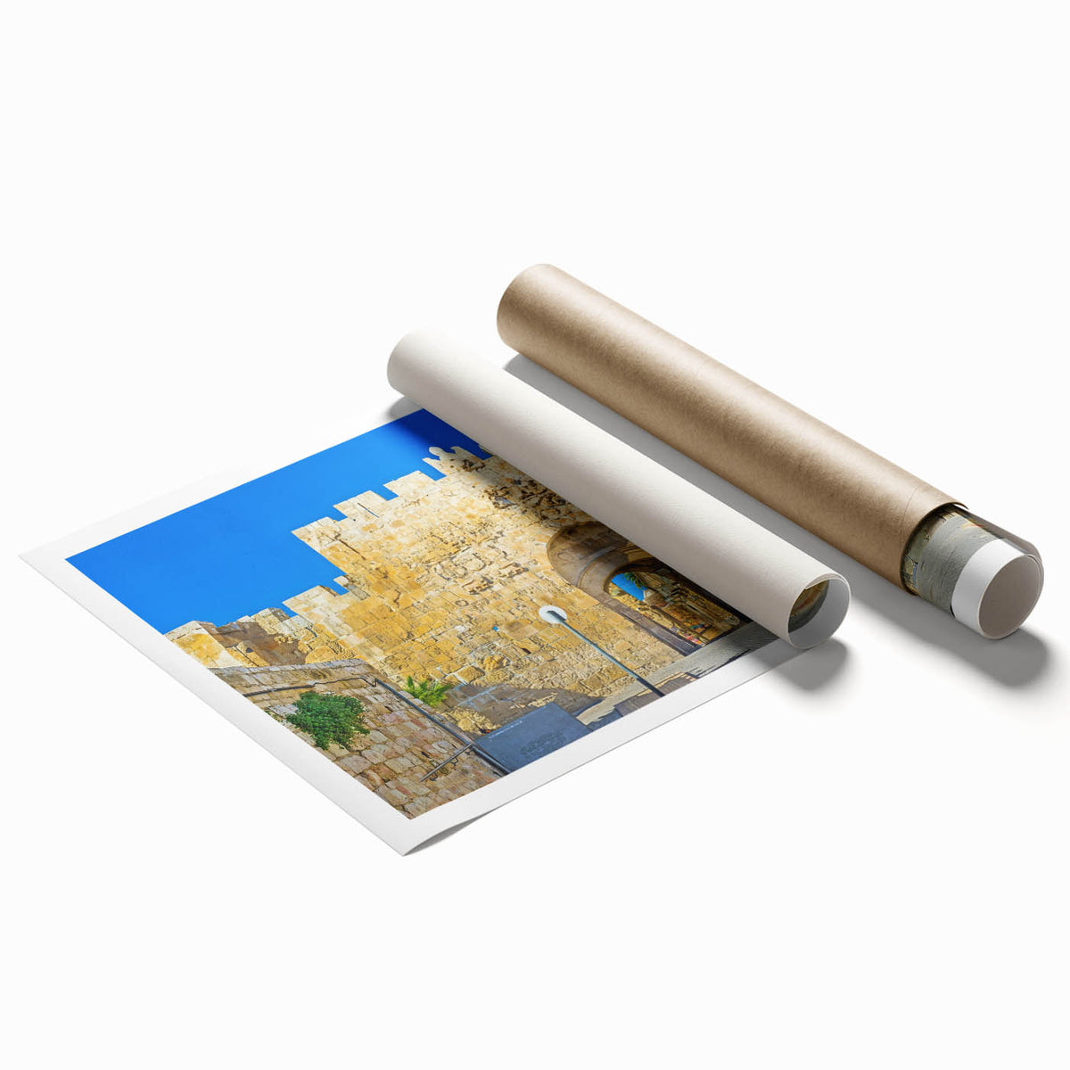 Extra large rolled print of Jerusalem scenery with muted earth tones, ideal for classy bathroom wall art.