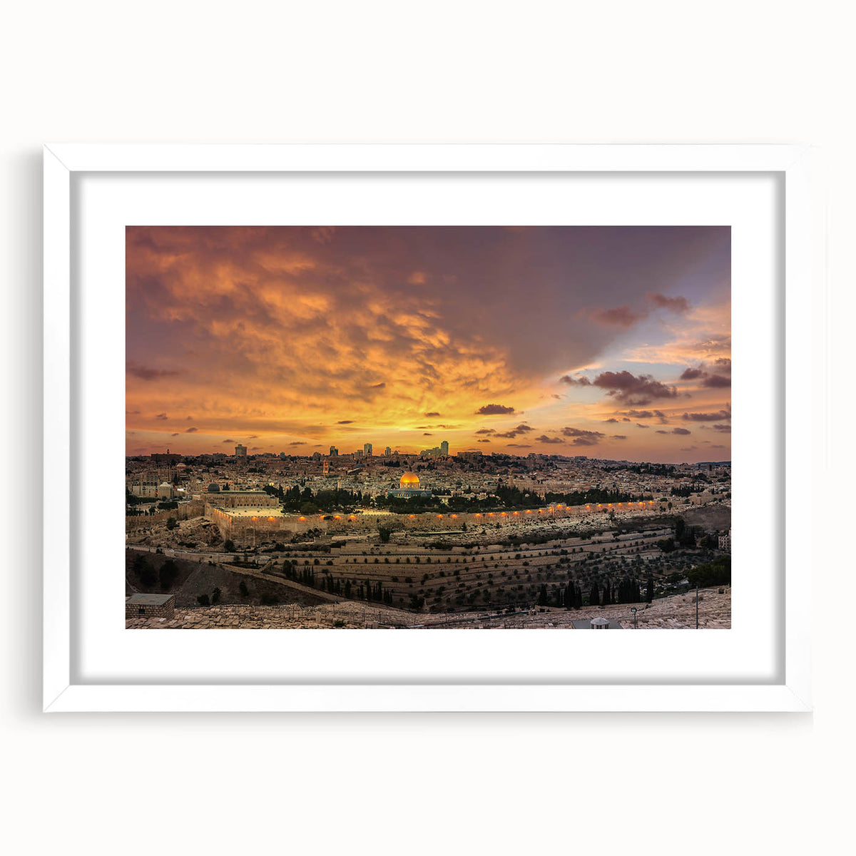 Abstract art print of a Middle Eastern scenery in muted earth tones on a framed white mat, ideal for dining room decor.