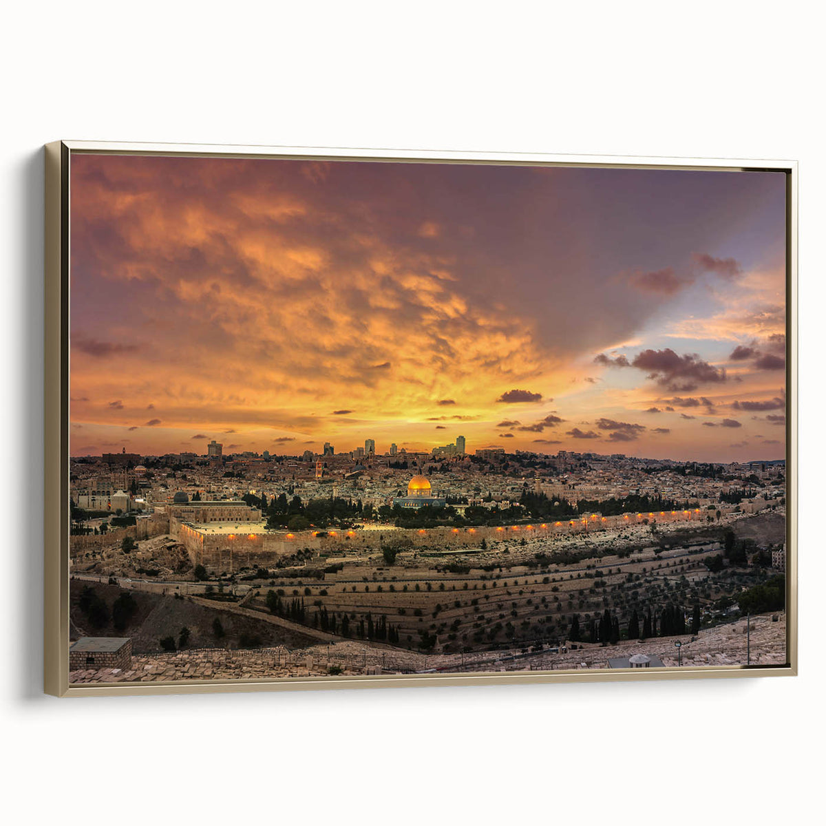 Framed canvas featuring a vintage-style landscape painting of a Middle Eastern scenery in gold and black tones.