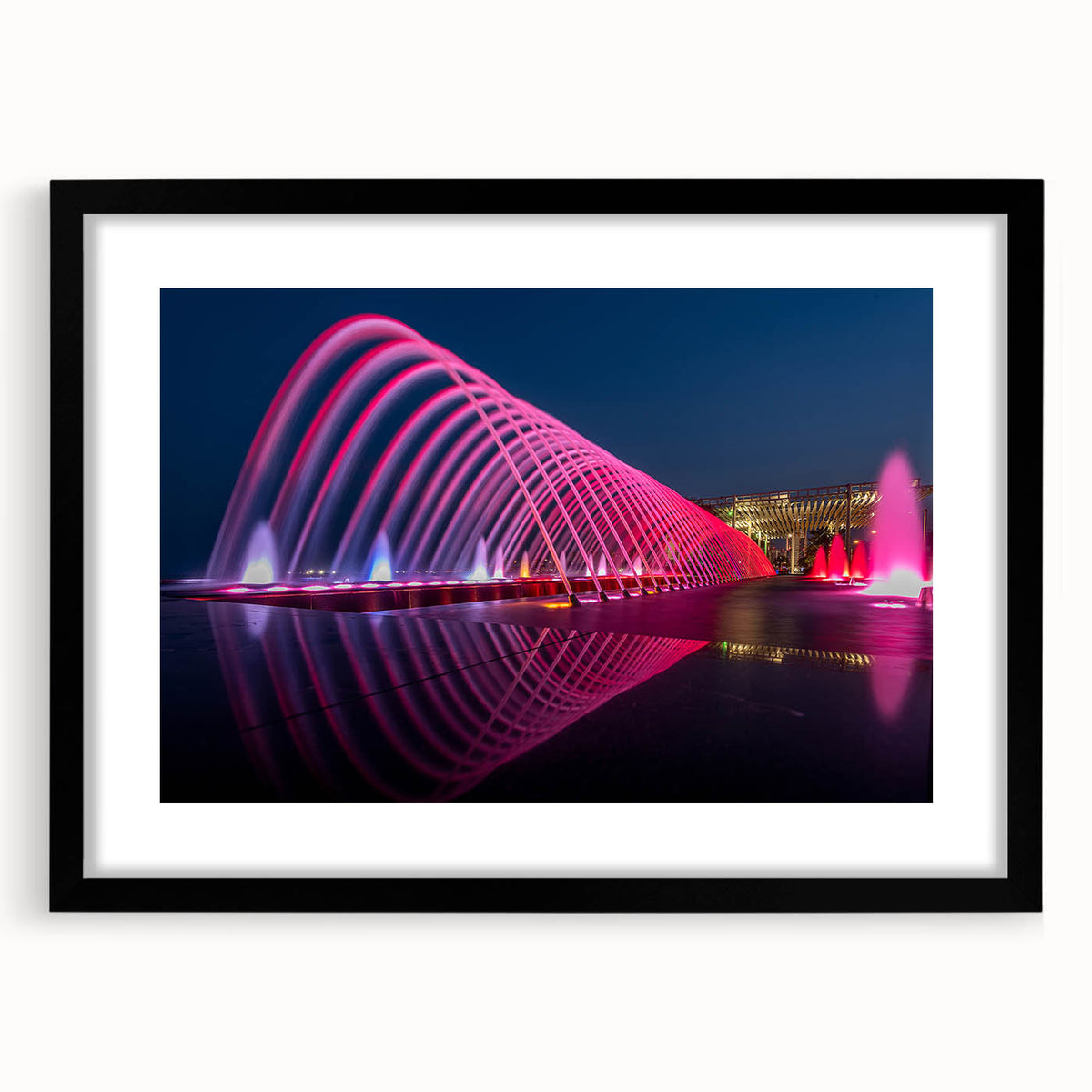 Extra large abstract art print featuring colorful, textured scenery of Qatar, framed in black, ideal for living room decor.