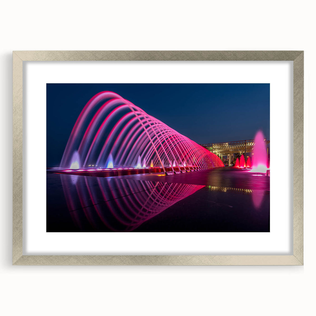 Textured abstract art print depicting a Middle Eastern Qatar scenery in a silver frame, ideal for bedroom art.
