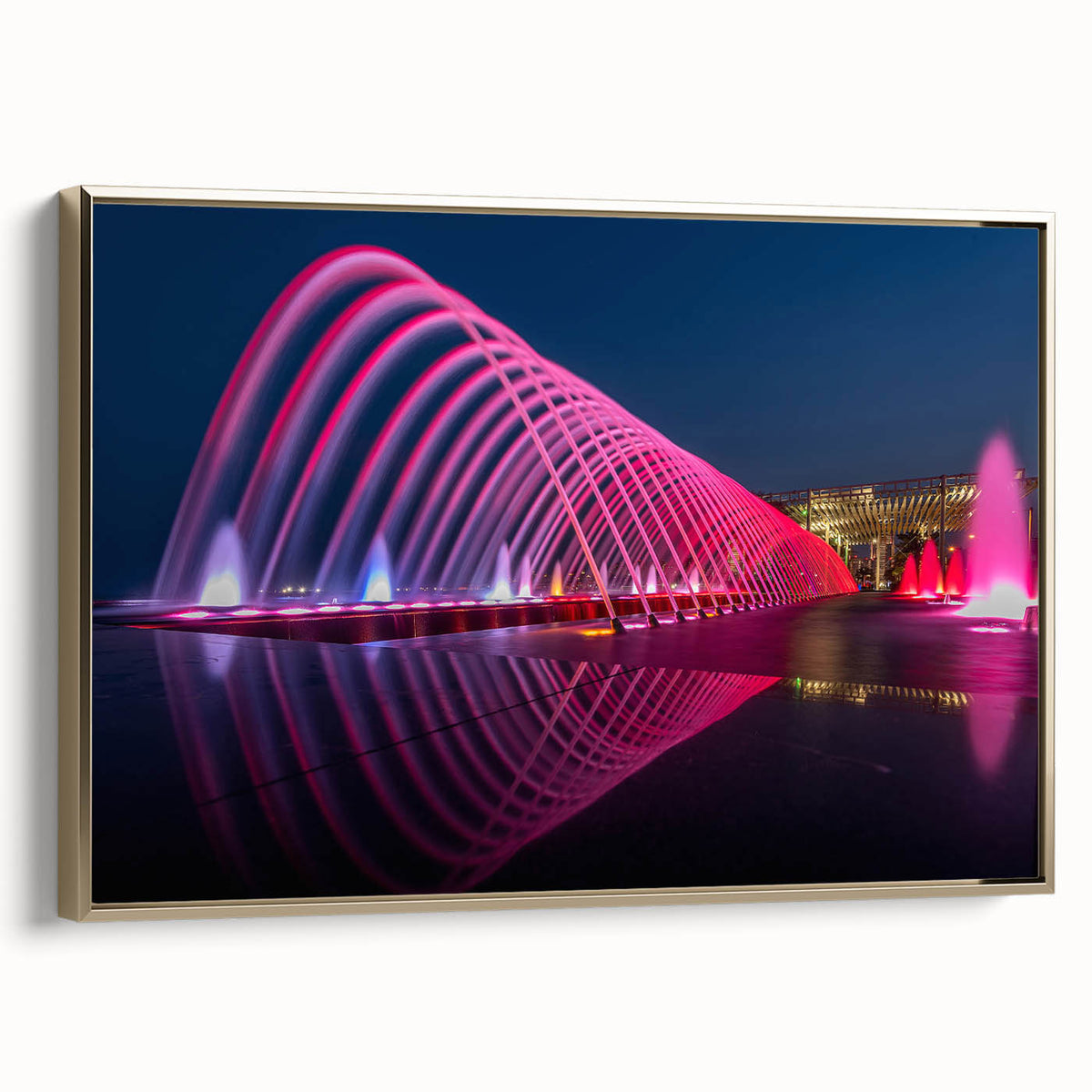 Framed canvas of a vintage-style landscape painting featuring a Qatar scenery in gold and black tones.