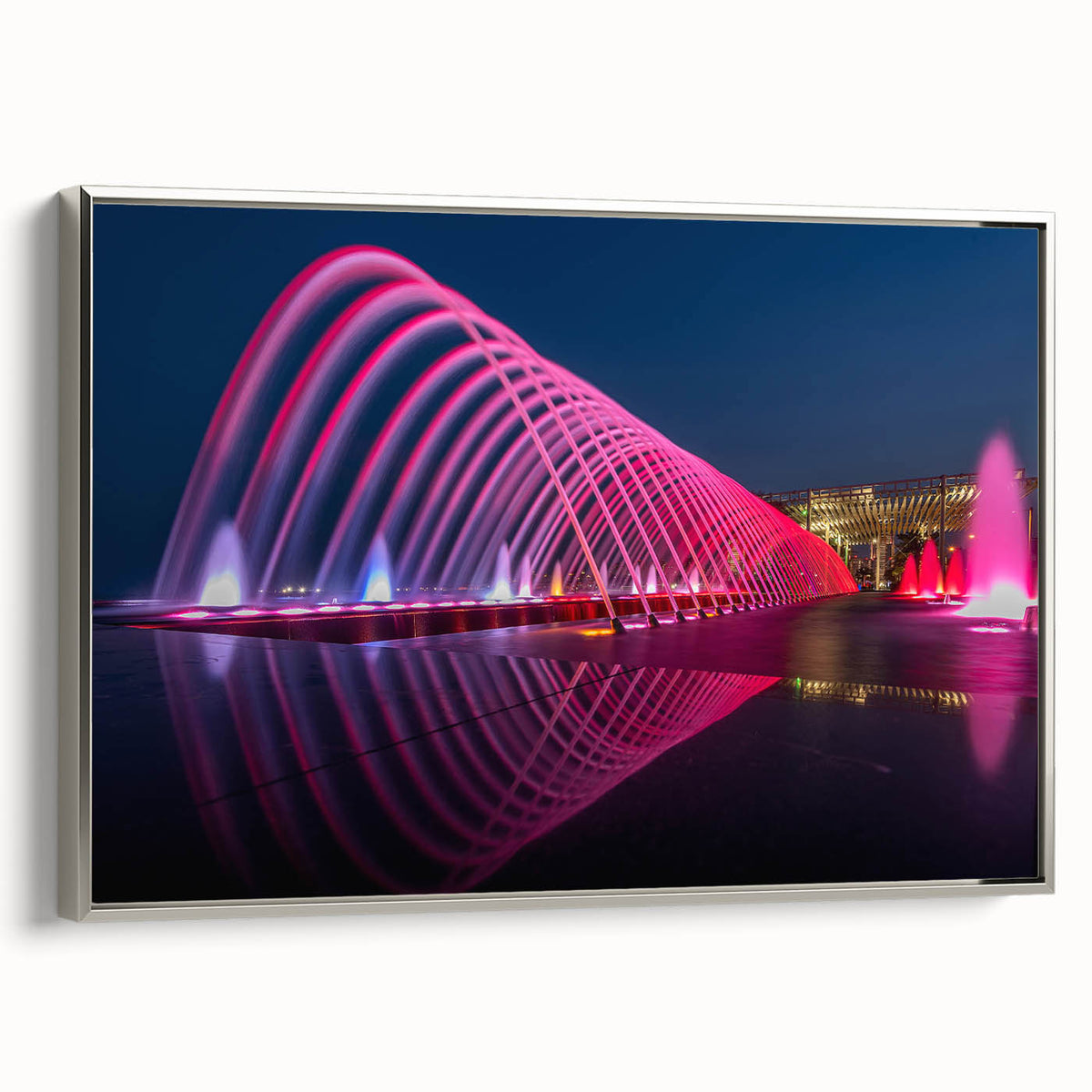 Framed canvas featuring a vintage-style landscape painting of a Qatar scenery in muted silver and black tones.