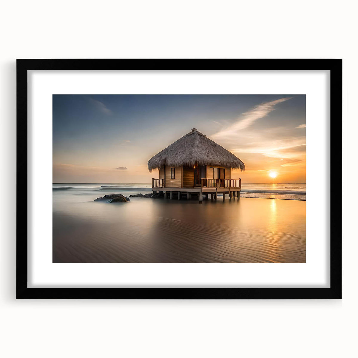 Extra large colorful art print featuring abstract depiction of Bora Bora, in vibrant oceanic hues on a framed canvas.