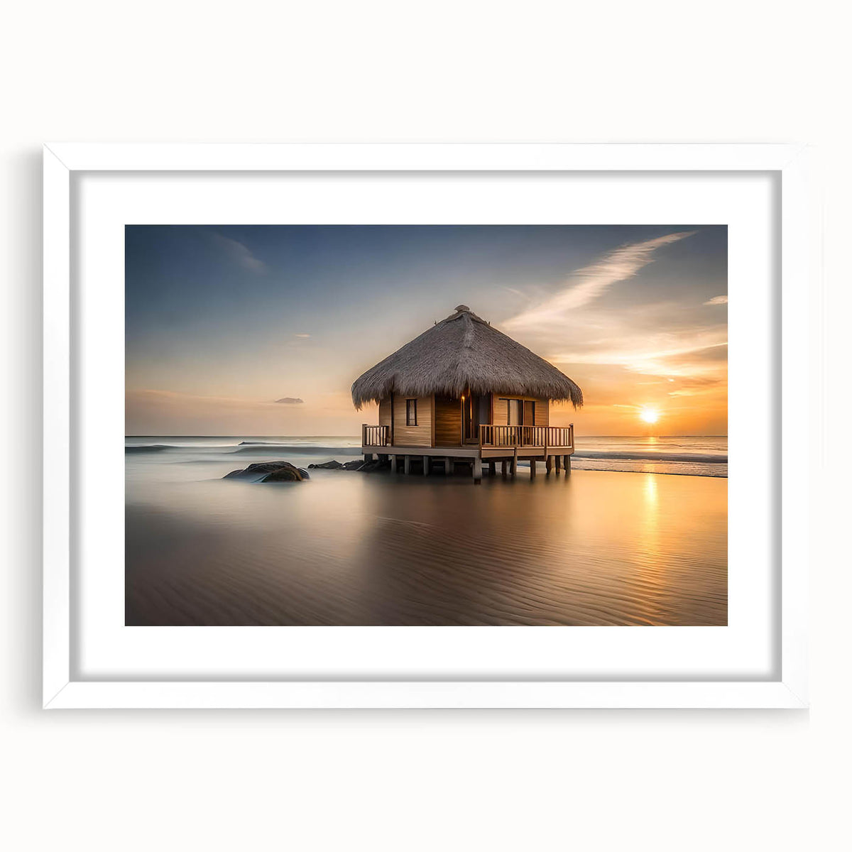Abstract art print of Bora Bora in muted blue and green tones on a framed canvas, ideal for dining room decor.