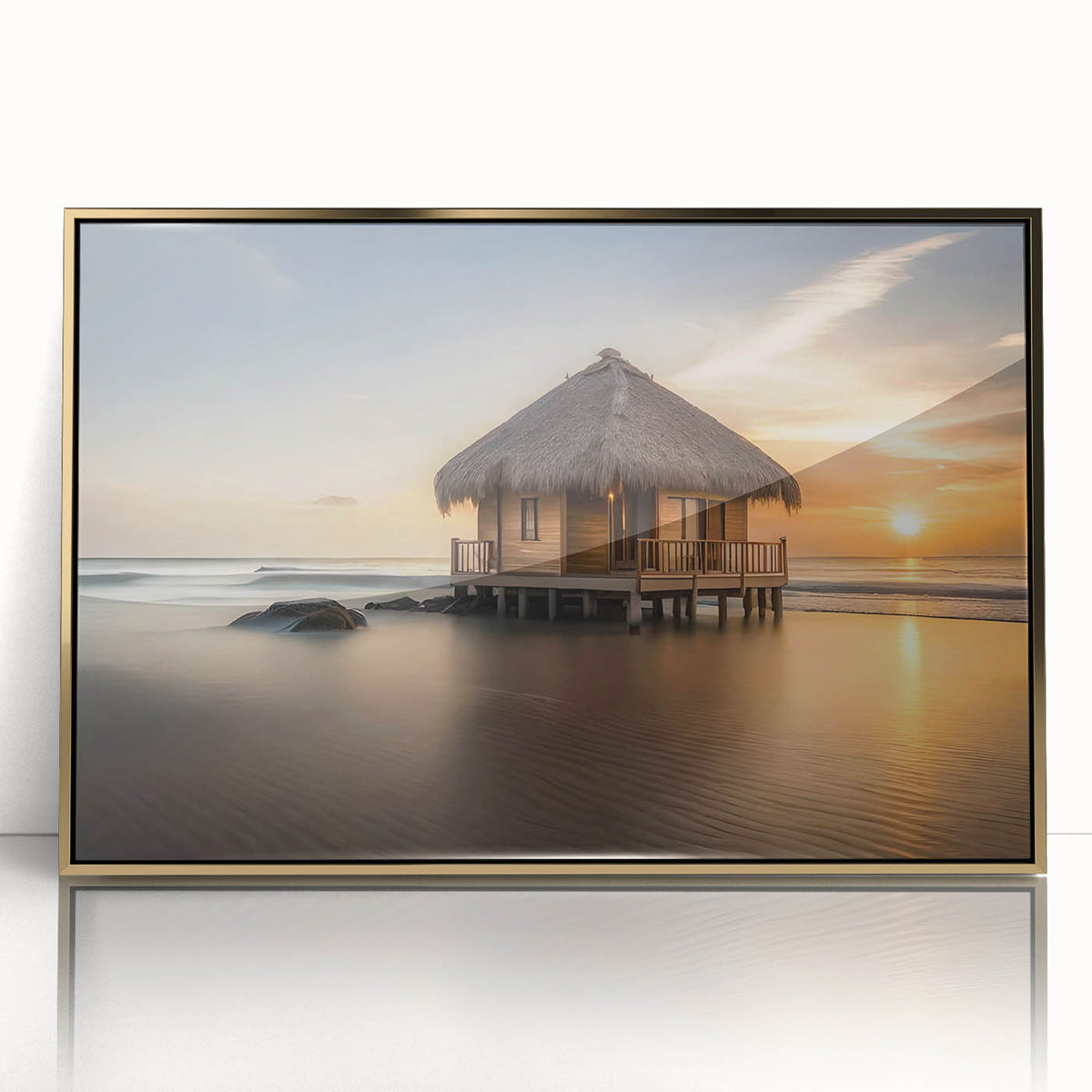 Acrylic print of Bora Bora landscape with vivid blue ocean and lush greenery, framed in gold, suitable for nursery wall art.