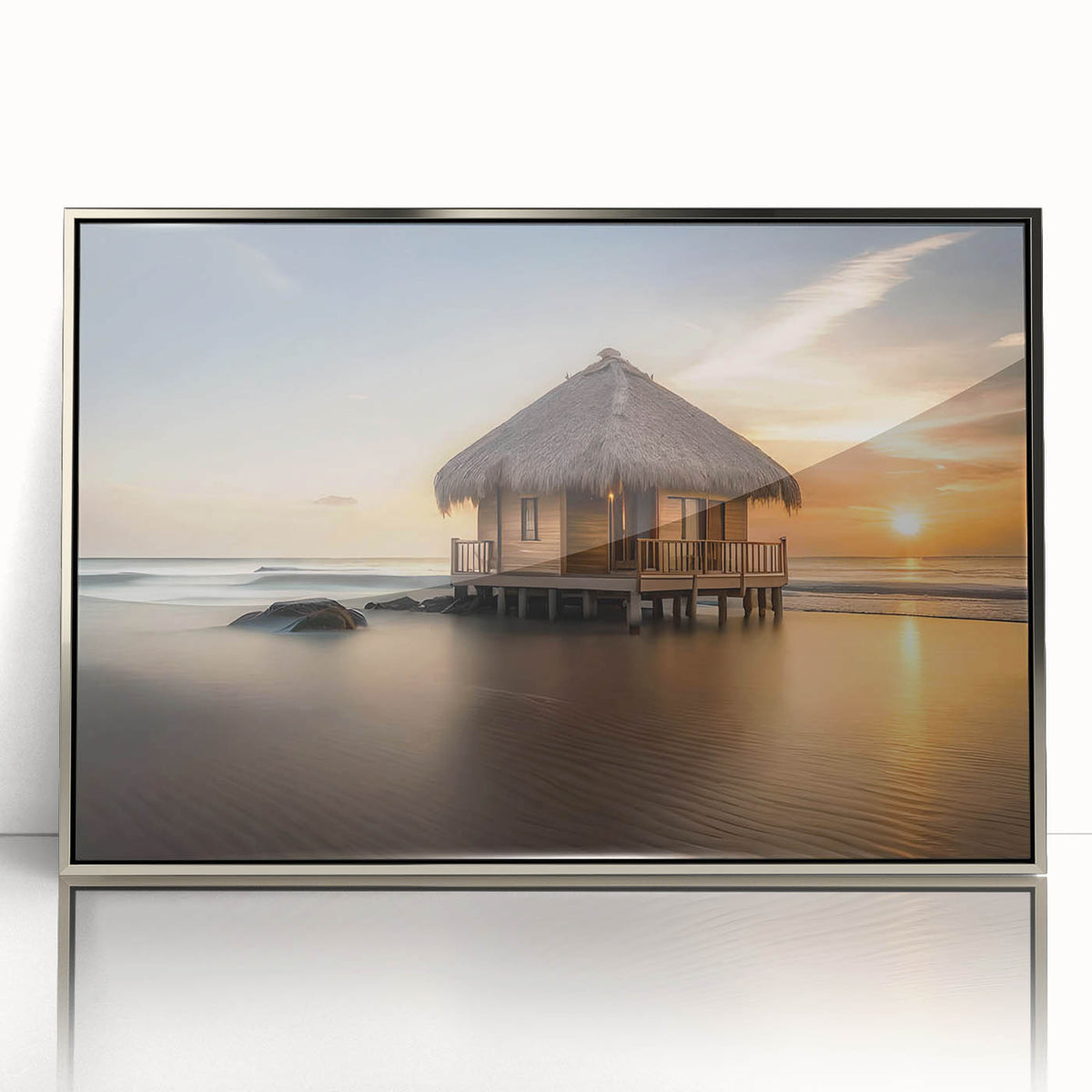 Mid-century modernist art depicting the serene Bora Bora landscape in cool blue tones, framed in silver acrylic.