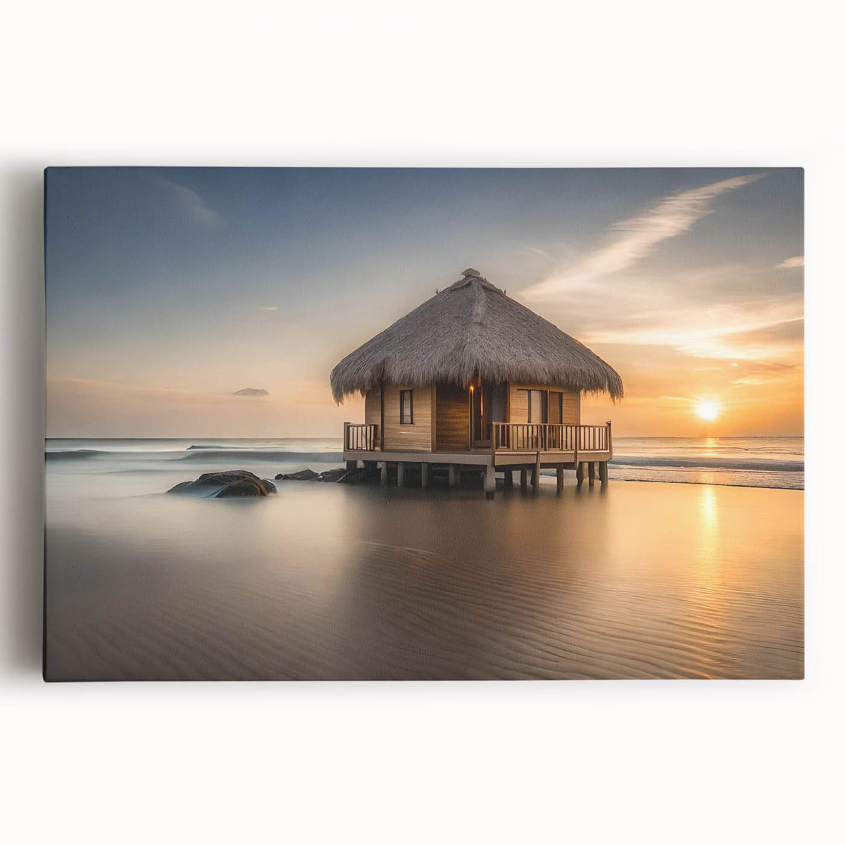 Black and white stretched canvas of Bora Bora scenery, ideal for kitchen wall art.