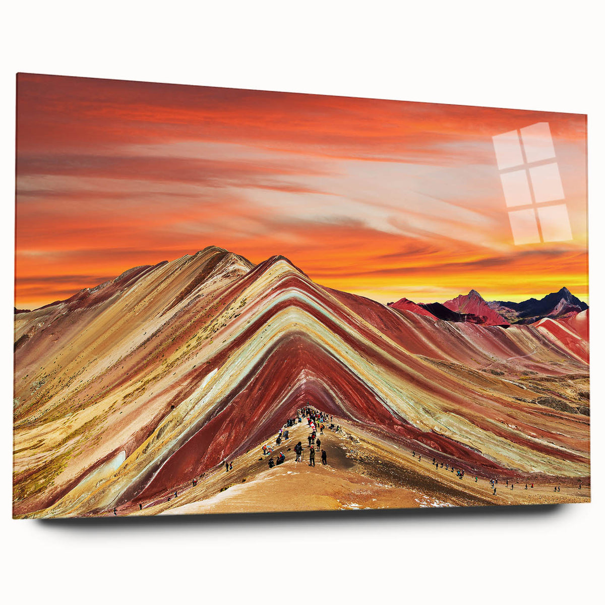 Large abstract depiction of a Peruvian landscape in muted earth tones on acrylic glass.