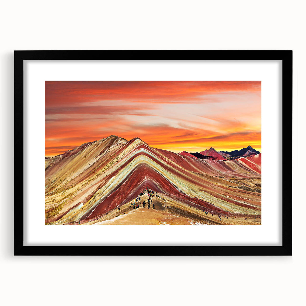 Extra large abstract art print of a colorful South American scenery on textured canvas, framed with a black mat.