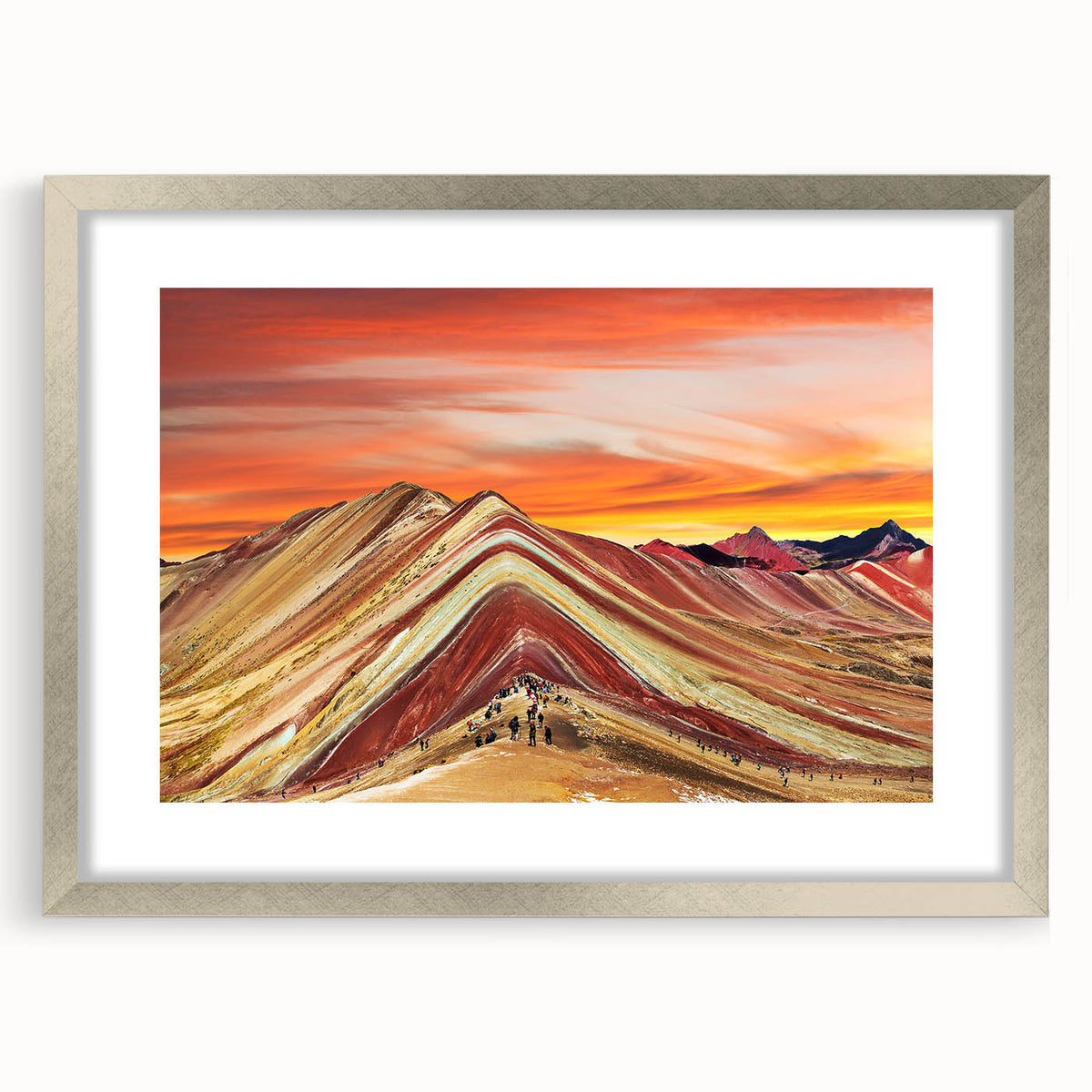 Textured abstract art print of a Peruvian landscape in muted earth tones, framed in silver, ideal for bedroom art.