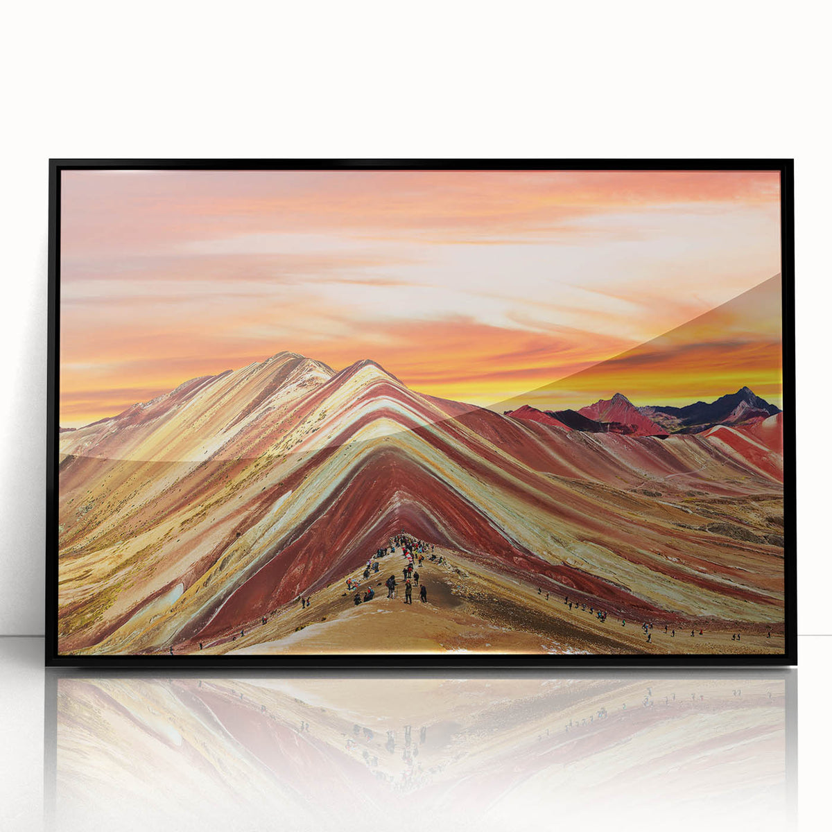 Large abstract wall art depicting a stylized South American landscape in muted earth tones, framed in black acrylic.