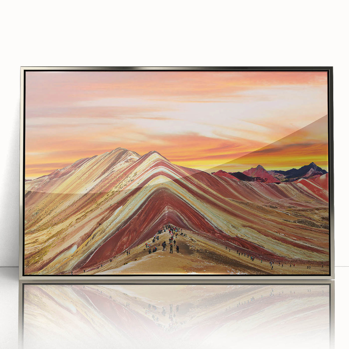 Mid-century modernist art depicting a Peruvian landscape in muted earth tones, framed in silver acrylic.