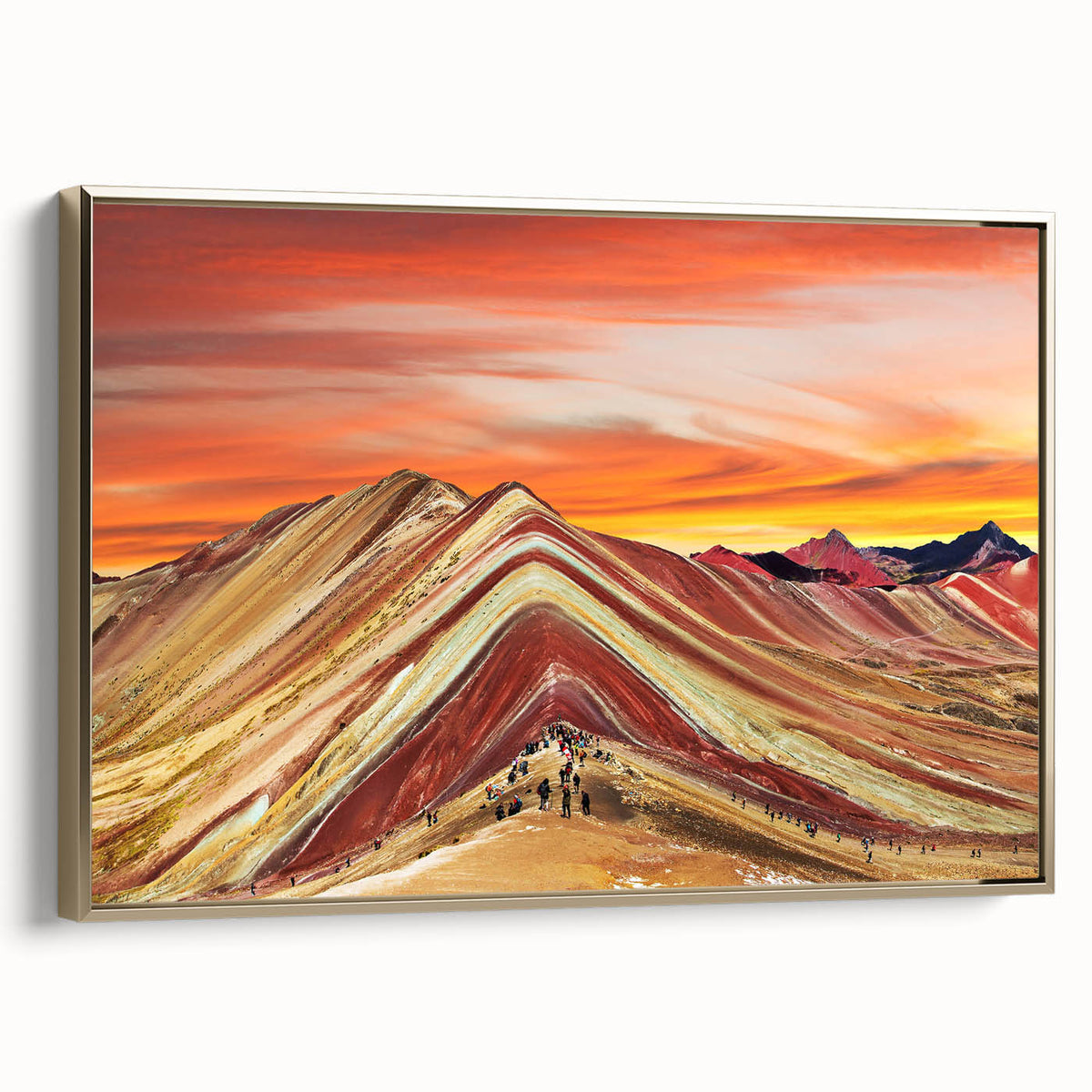 Framed canvas wall art featuring a vintage-style landscape painting of a scenic Peruvian view in black and gold tones.