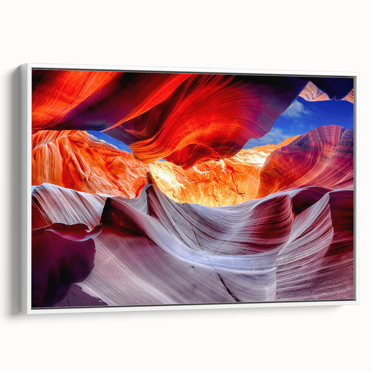 Vintage poster art of Arizona Antelope Canyon in vibrant orange and red tones on a framed canvas.