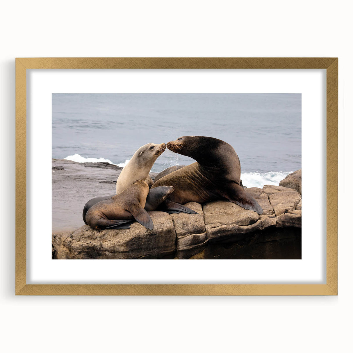 Extra large abstract art print of San Diego scenery in muted earth tones, framed in gold, suitable for living room decor.