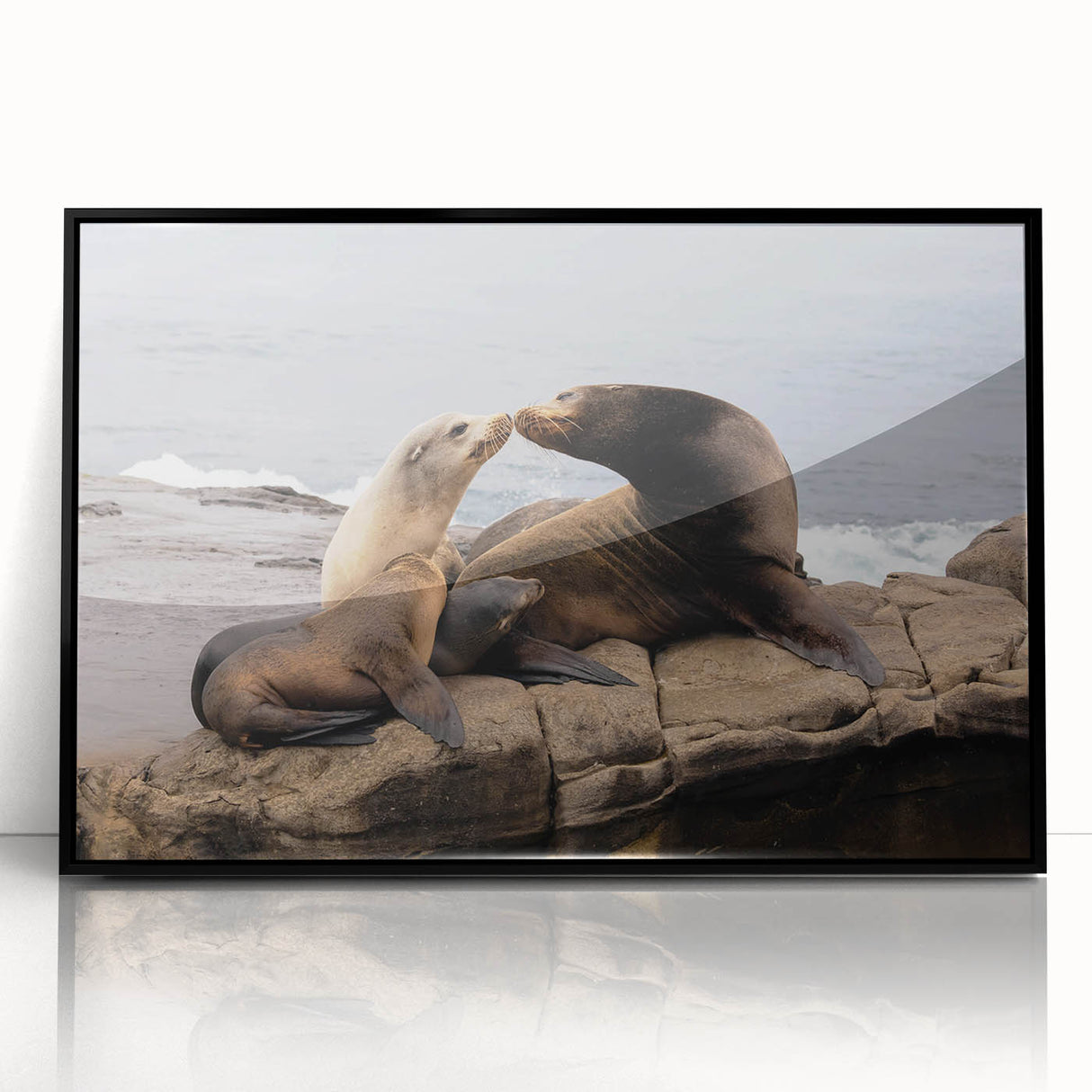 Large abstract wall art of San Diego skyline in muted gray and blue tones on framed acrylic.