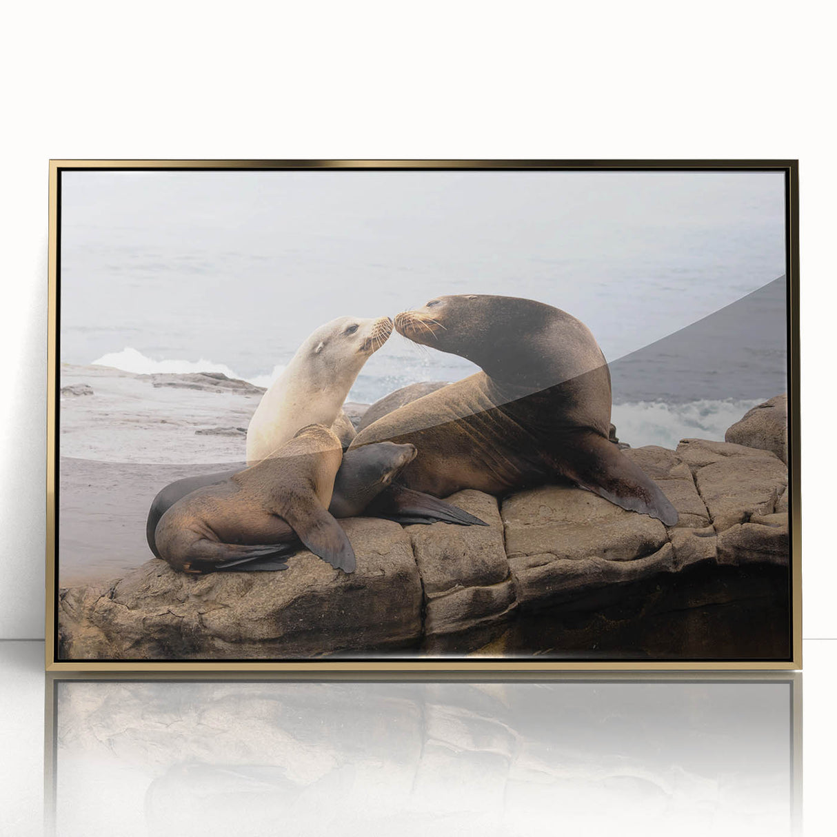 Acrylic print of San Diego skyline in gold and blue tones, framed, mid-century modernist style.