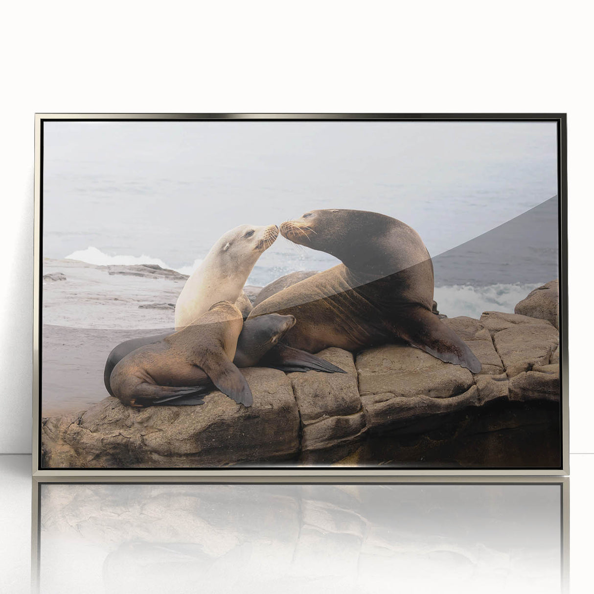 Mid-century modernist art depicting San Diego skyline in muted gray tones on a framed acrylic print.