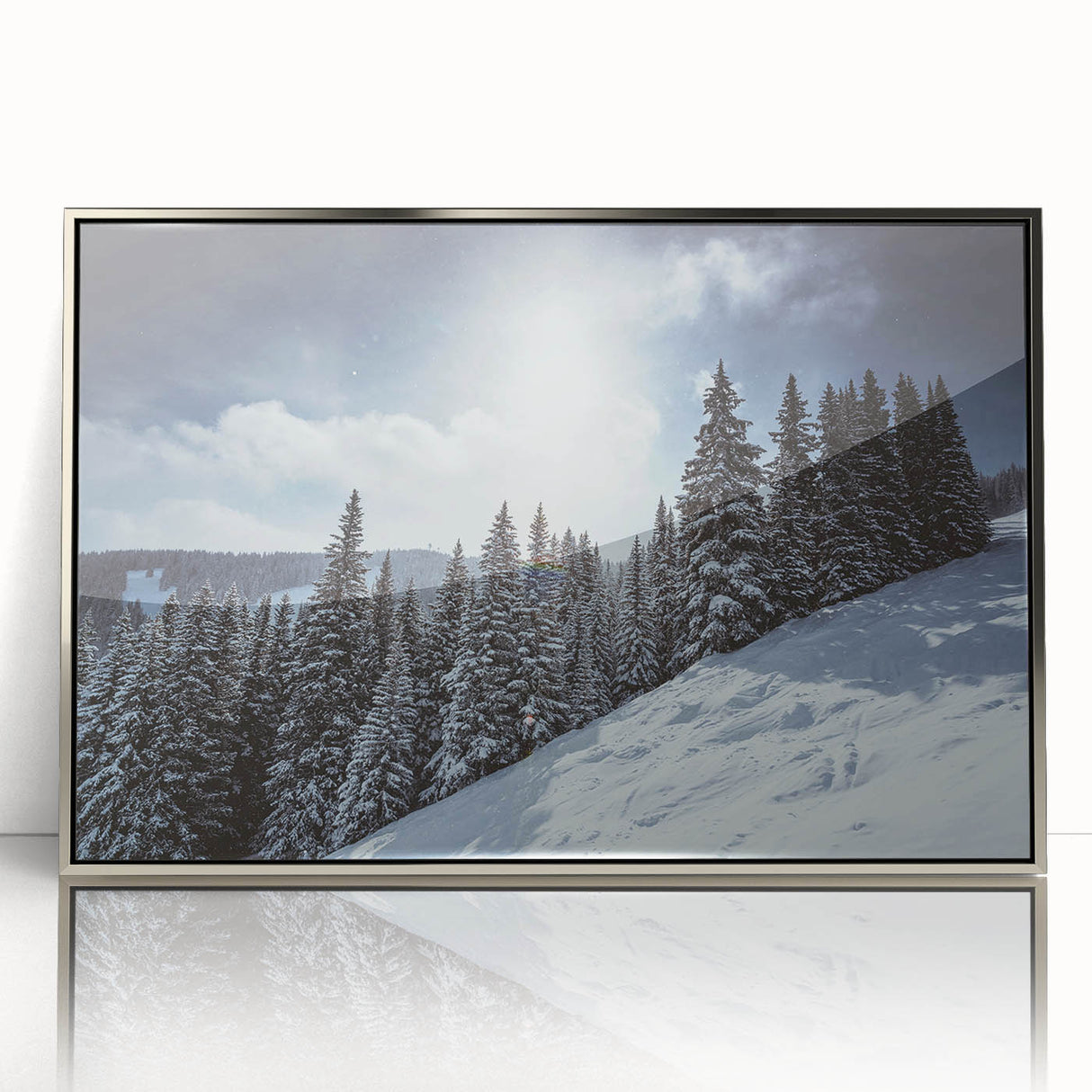 Mid-century modernist art depicting Vail, Colorado landscape in acrylic, framed in silver, suitable for nursery wall art.
