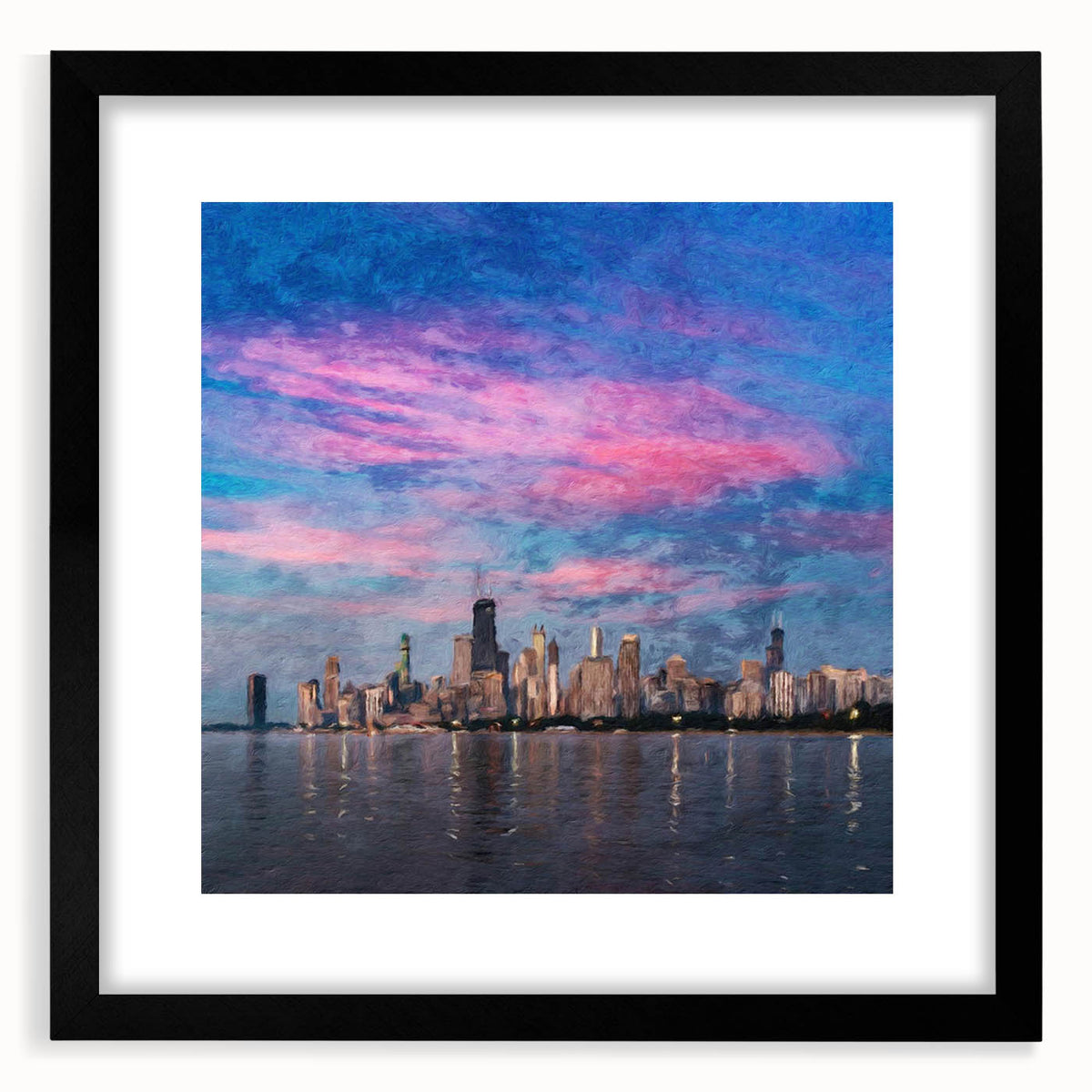 Extra large abstract art print of Chicago skyline in vibrant, colorful textures, framed in black.