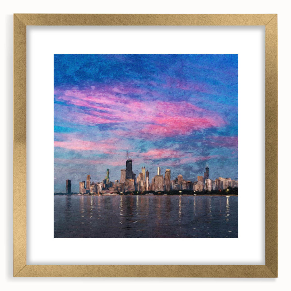 Extra large abstract art print of Chicago skyline in muted gray and gold tones on a framed canvas.