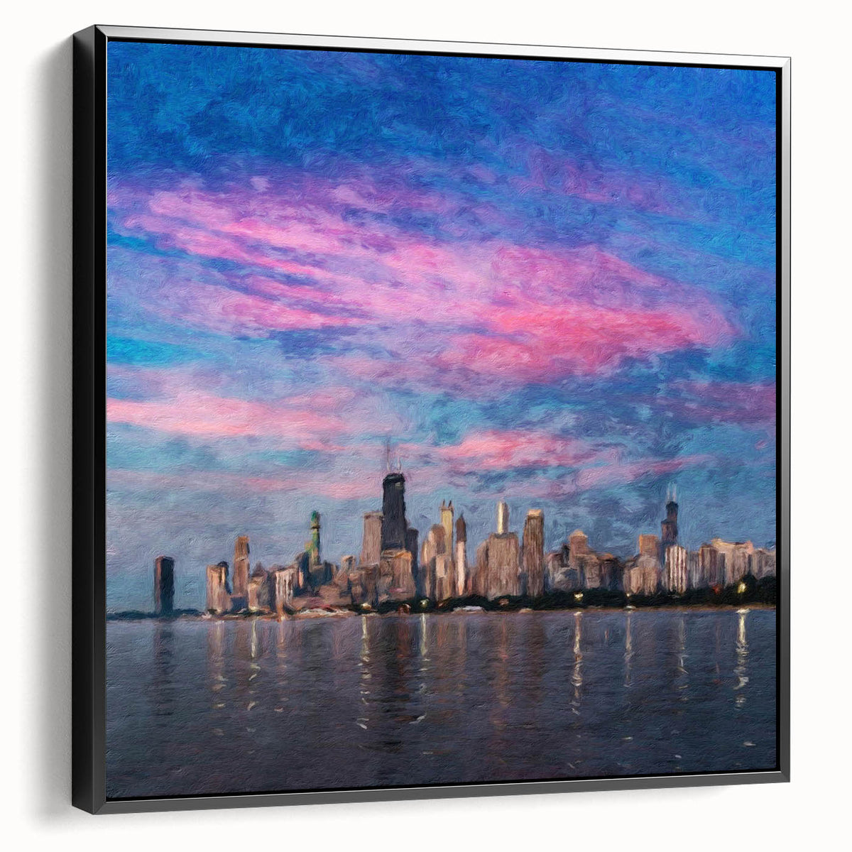 Black and white framed canvas of Chicago skyline, ideal for bedroom wall art in vintage poster style.
