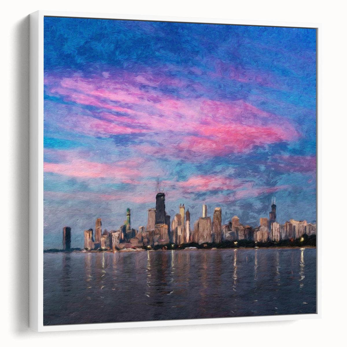 Vintage poster art of Chicago skyline on framed canvas, featuring colorful art in extra large format.