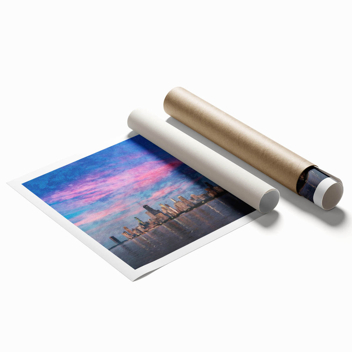 Extra large rolled print of Chicago skyline with muted gray and blue tones, ideal for classy bathroom wall art.
