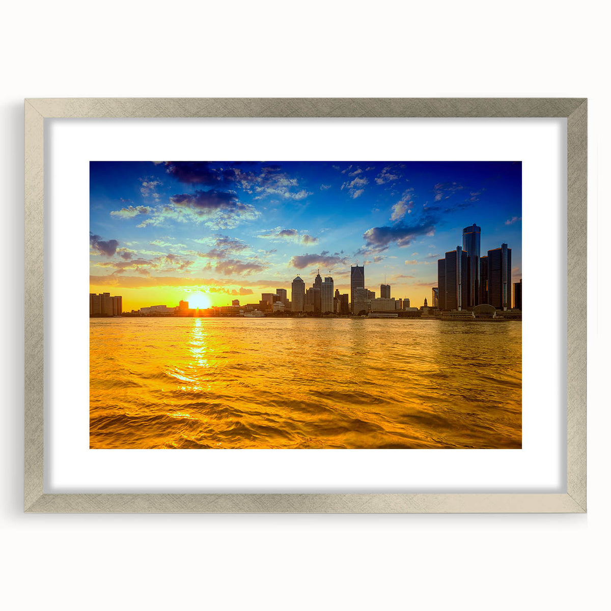 Textured abstract art print depicting a muted blue and gray Detroit skyline, framed in silver, ideal for bedroom art.