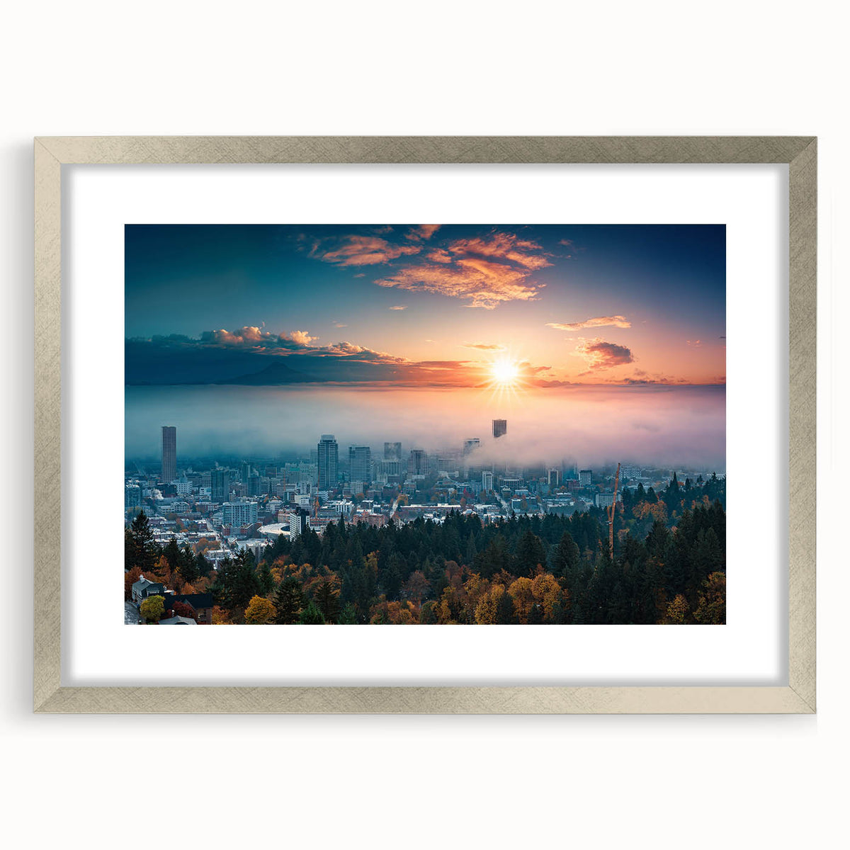 Textured abstract art print of Portland, Oregon skyline in muted gray tones on a silver-framed canvas.