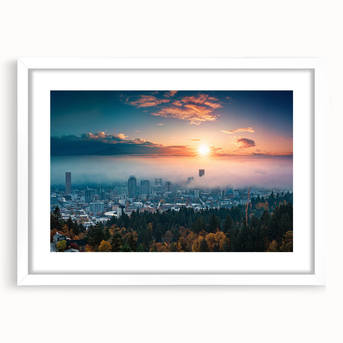 Abstract art print of Portland, Oregon, in muted gray and blue tones on a white framed canvas.