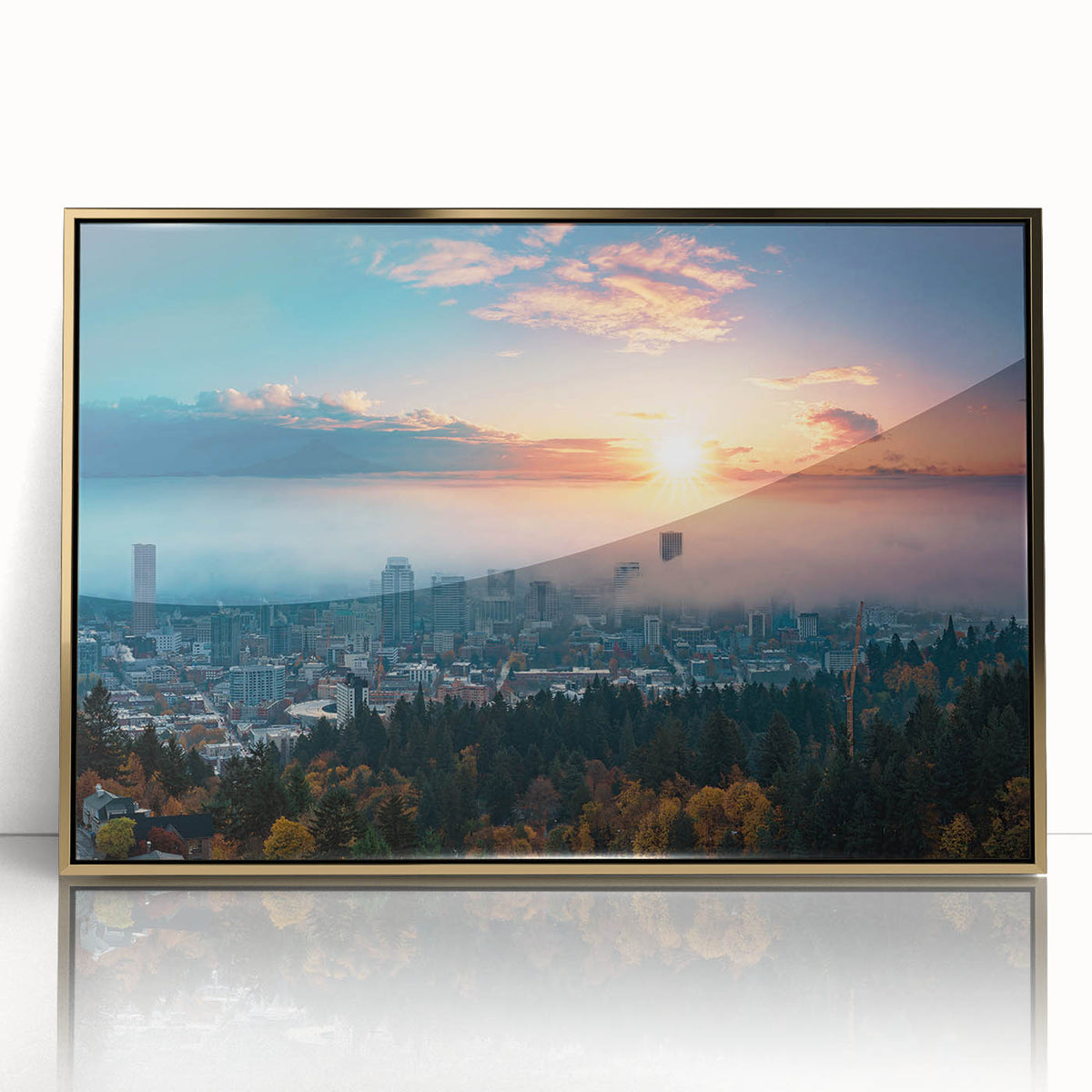 Mid-century modernist art depicting the Portland, Oregon skyline in muted earth tones on a framed acrylic print.