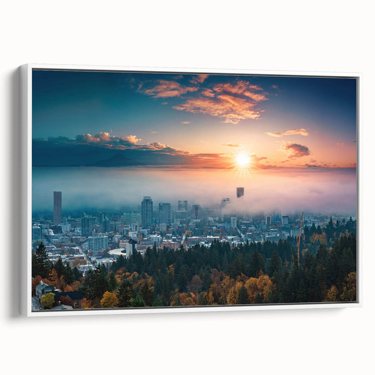 Vintage poster art of Portland, Oregon on extra large framed canvas, featuring colorful imagery against a black background.