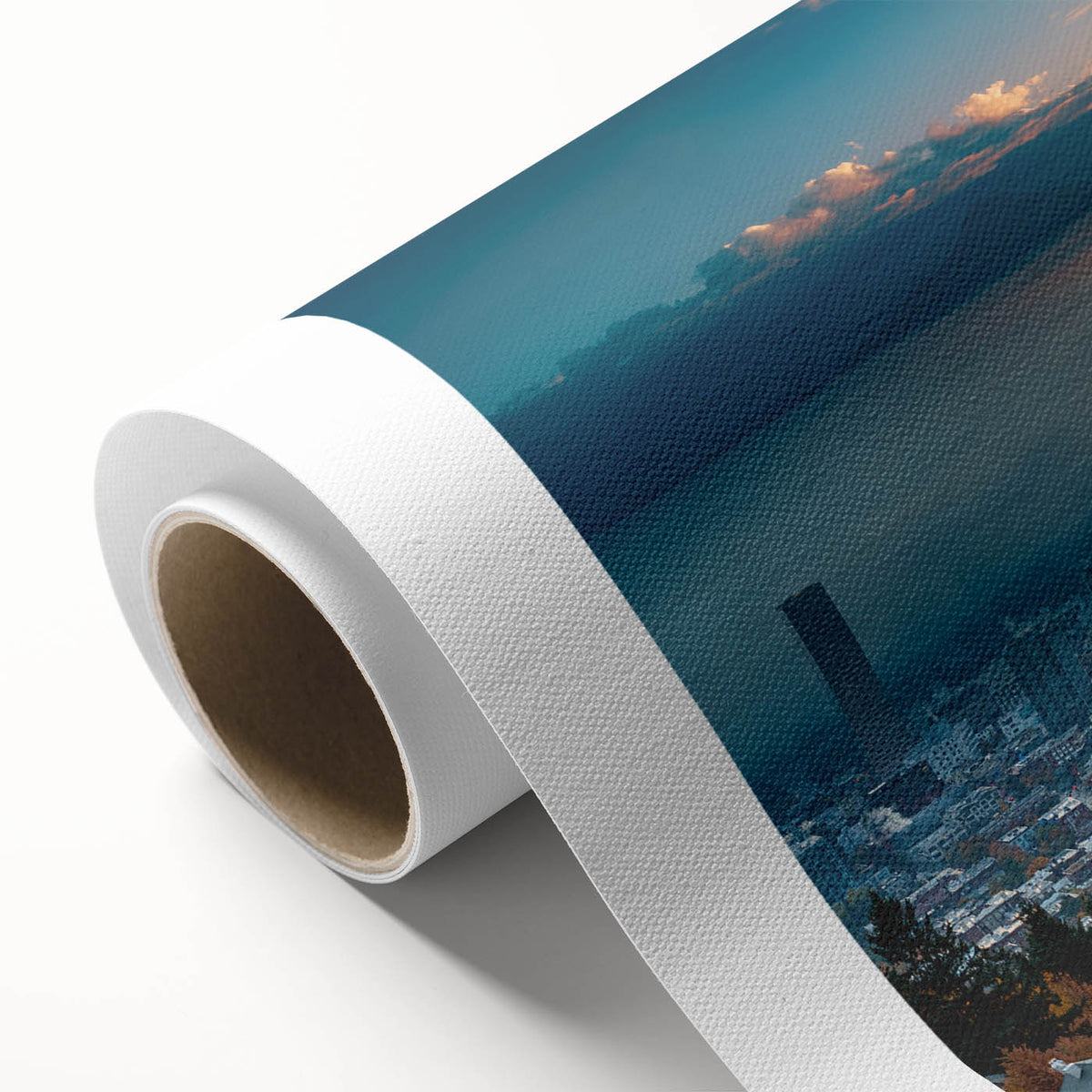 Art deco poster of Portland, Oregon skyline in muted gray and blue tones on rolled canvas, ideal for nursery wall art.