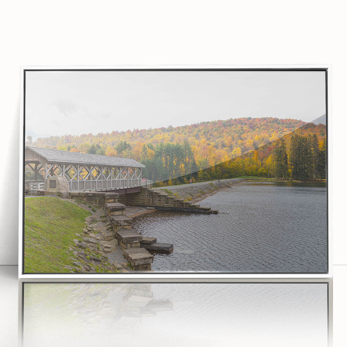 Art deco poster of Pennsylvania scenery in muted gray and blue tones, framed acrylic print.