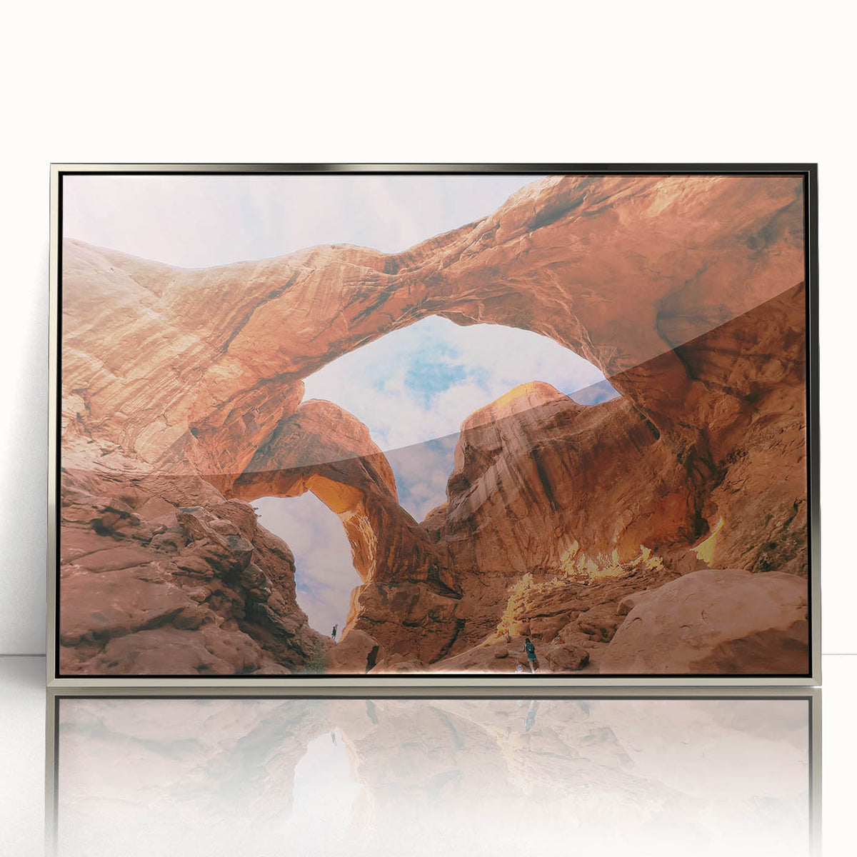 Mid-century modernist art depicting Utah's Arches National Park in earthy tones on a framed acrylic print.