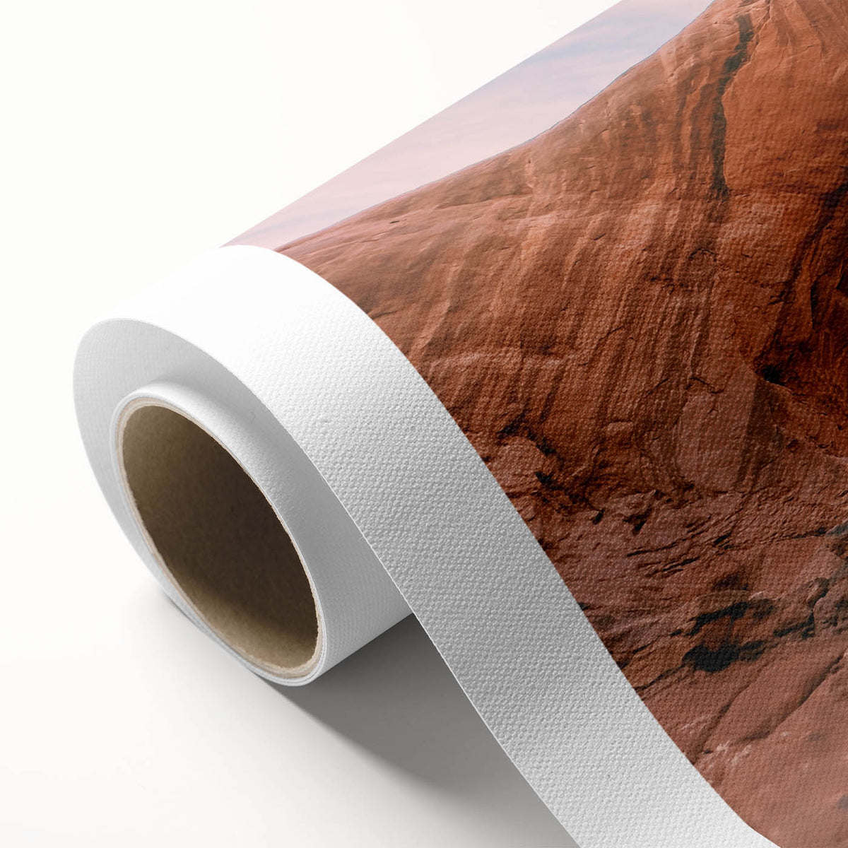 Art Deco poster of Utah Arches on rolled canvas, featuring earthy red and orange tones.