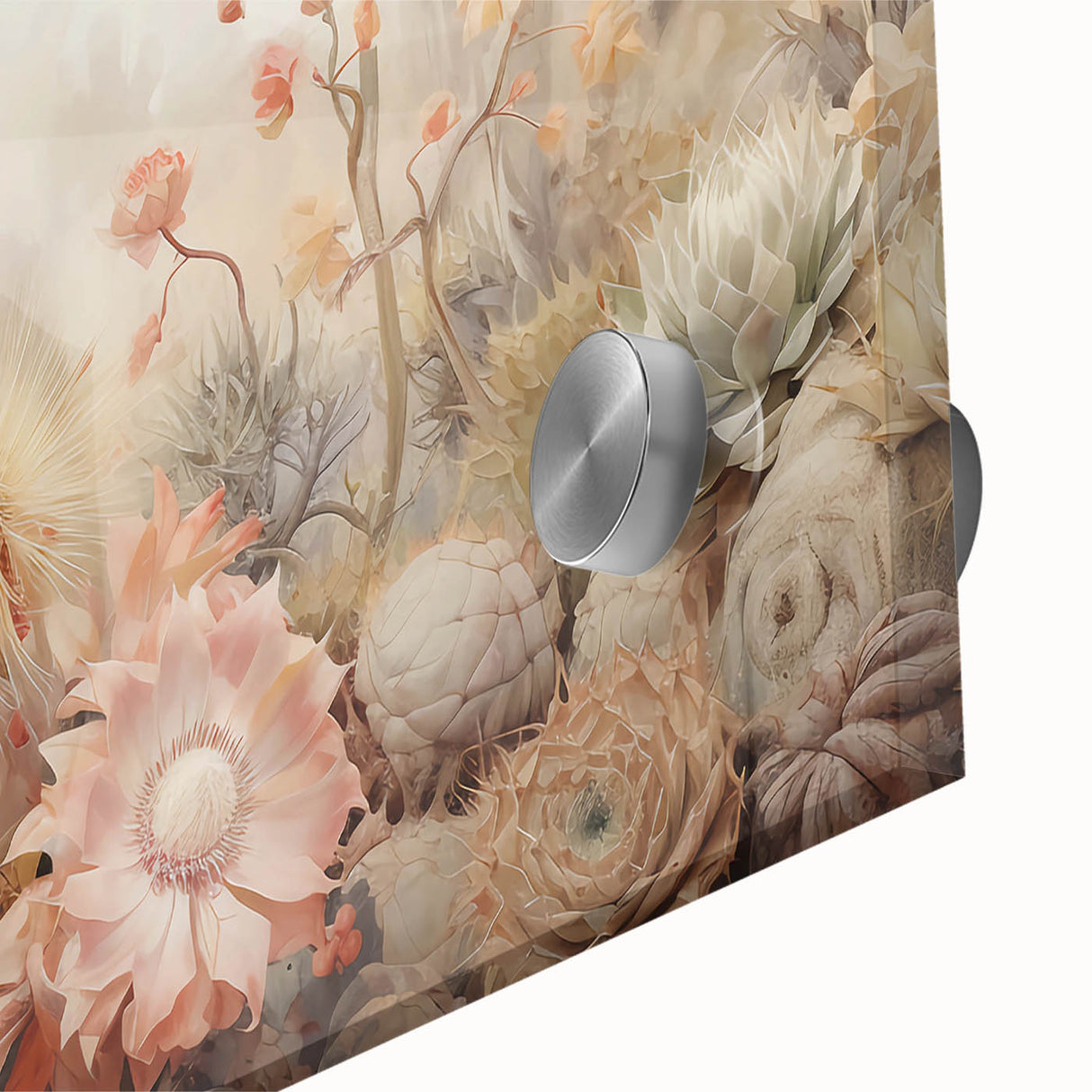 Close-up of abstract floral wall art design featuring vibrant colors and intricate details, displayed on acrylic glass for a modern and elegant look. Ideal for home decor and interior design enthusiasts.