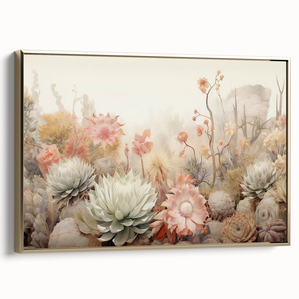 Framed wall art featuring abstract floral designs in vibrant gold tones, showcasing a side view of the canvas, perfect for modern home decor or gallery settings.