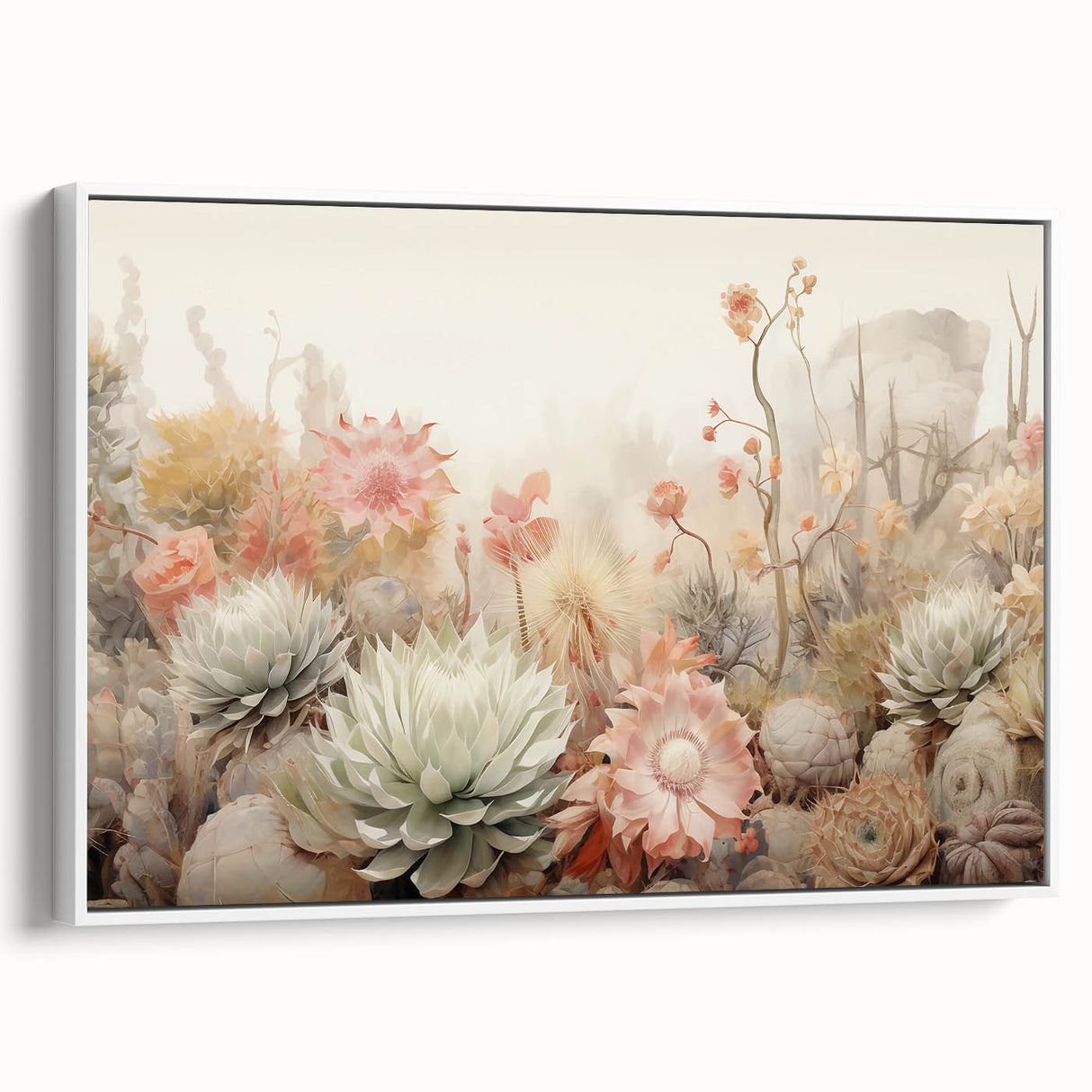 Framed canvas wall art showcasing an abstract floral design in vibrant colors, displayed in a sleek white frame, perfect for modern home decor.