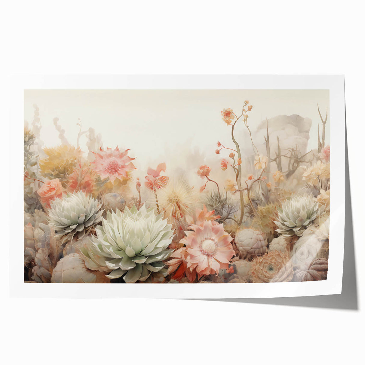Abstract floral wall art print featuring vibrant pink, yellow, and green hues, elegantly rolled and ready for display, ideal for modern home decor.