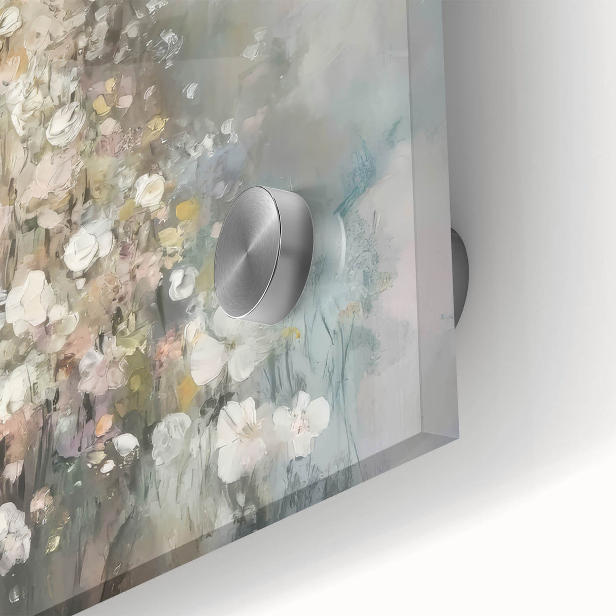 Abstract figurative acrylic artwork in vibrant colors displayed on glass, showcasing intricate brushstrokes and textures, perfect for modern home decor.